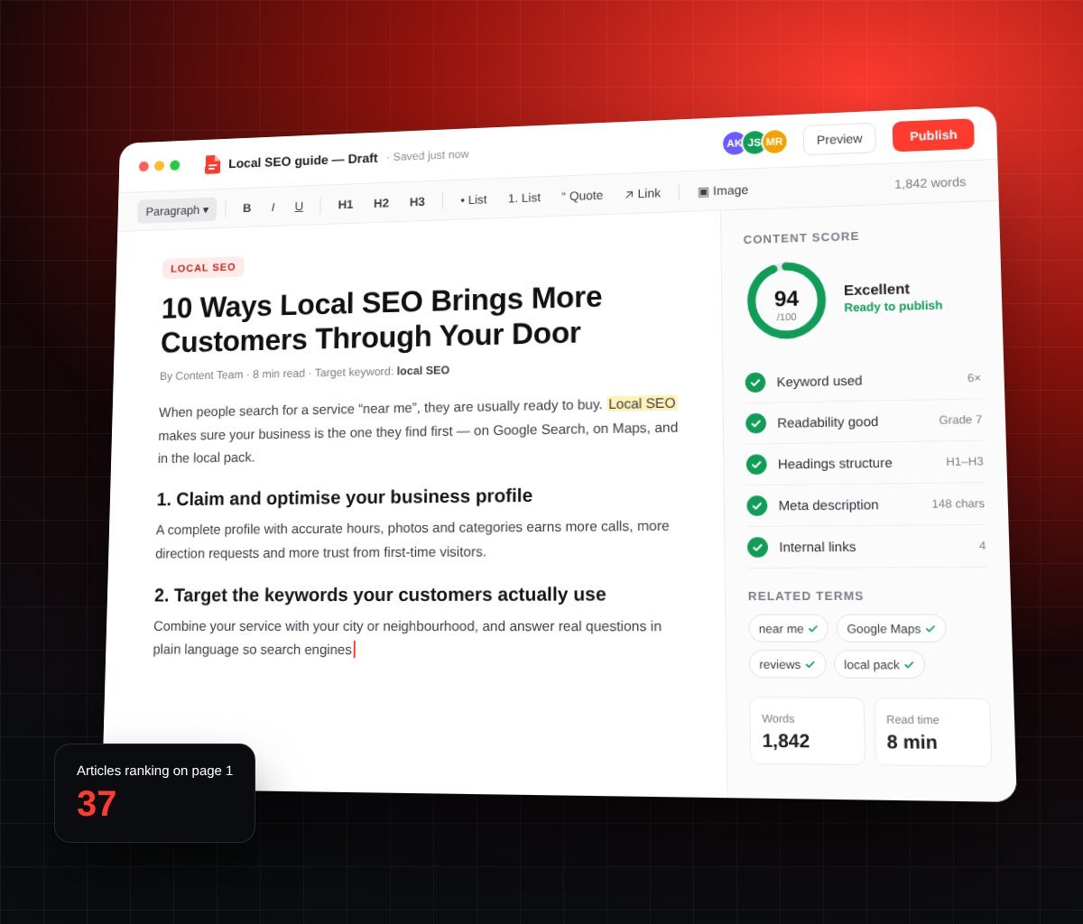 Blog editor with an SEO content score for a new article