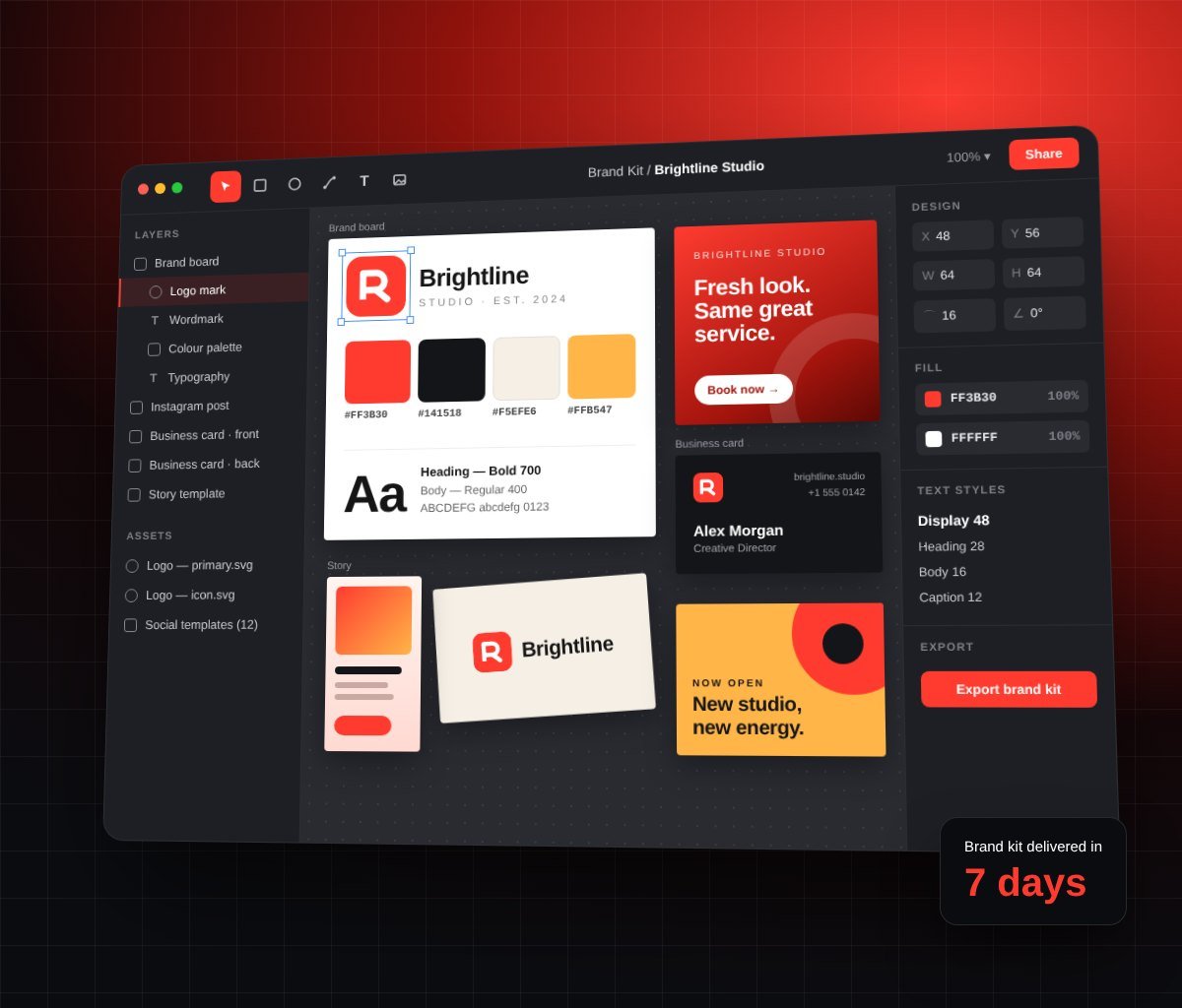 Brand kit with logo, colour palette and social post designs