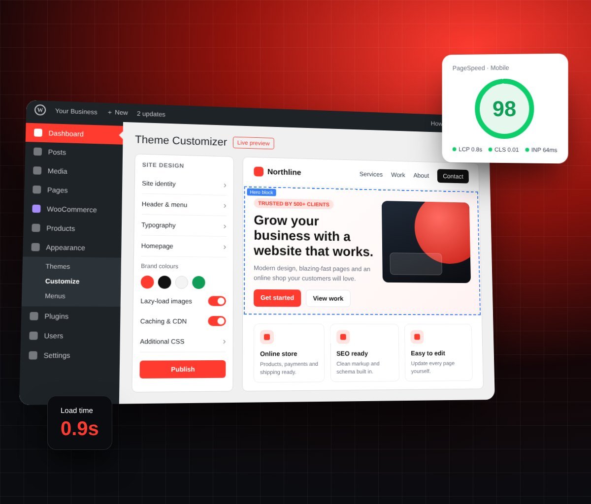 WordPress dashboard theme customizer with a PageSpeed score of 98